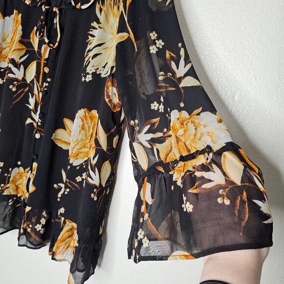 Anthropologie M Black Romantic Ruffled Peasant Blouse Boho Floral Career Office - Picture 3 of 7